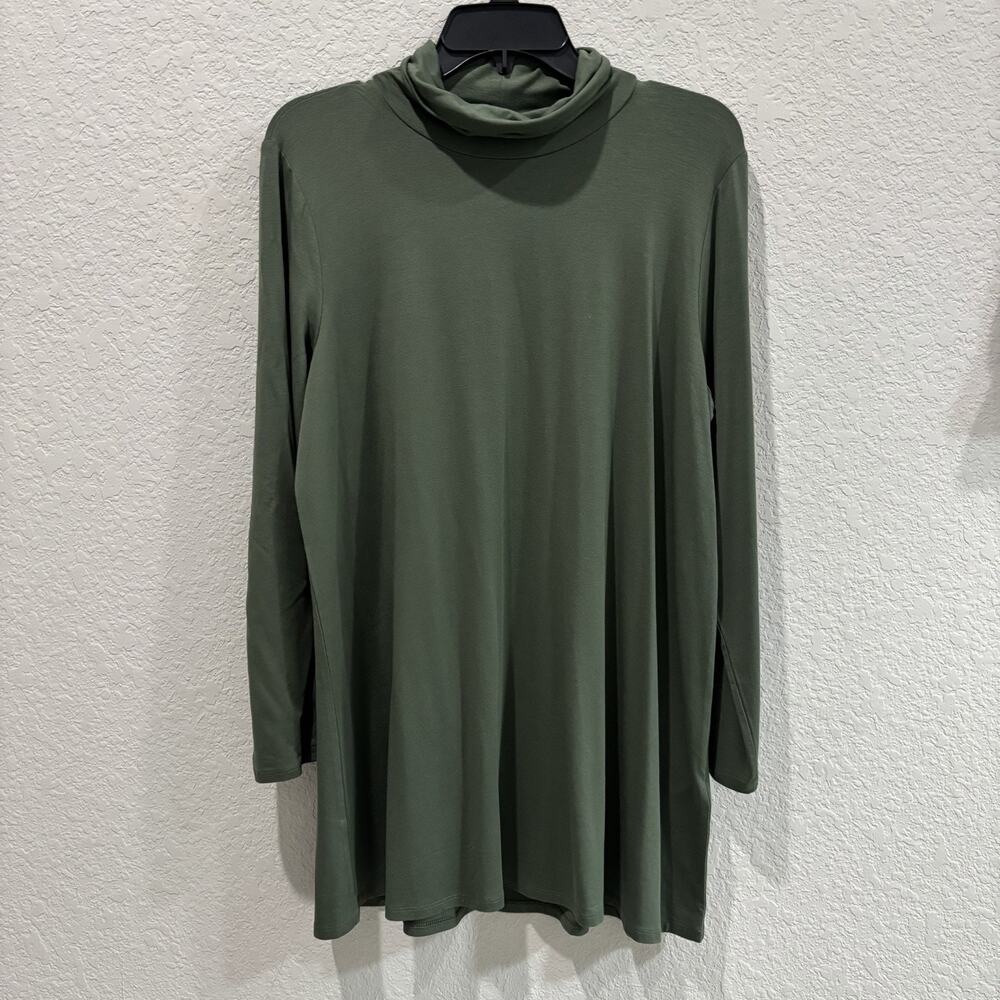 Eileen Fisher NWT L Cypress Green Tencel Lyocell Scrunch Neck Tunic Top Large